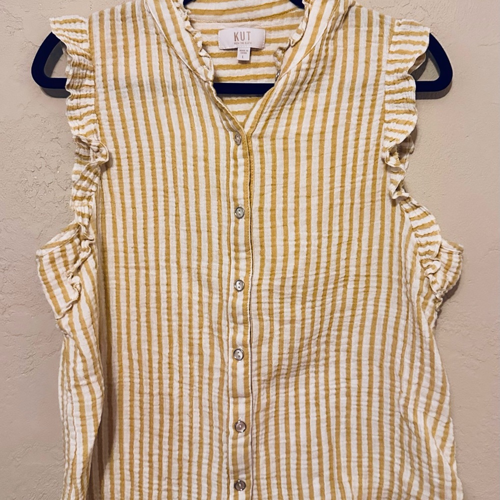 Kut from the Kloth Large Yellow and White Striped Ruffle Sleeve Button-Front Top - Picture 1 of 9